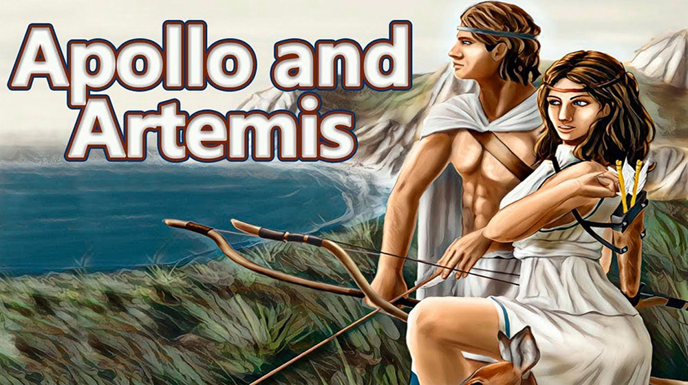 Drawing of Apollo and Artemis both holding bow and arrows