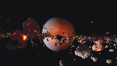 asteroids colliding into a planet