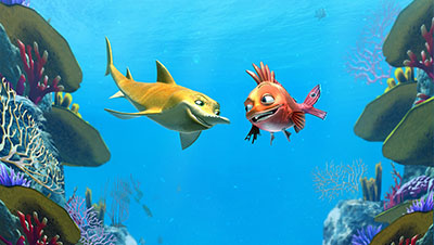 cartoon fish underwater surrounded by the reef