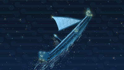 Night sky with glowing Maori boat flying through the sky