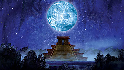 Mayan temple with a planet above it