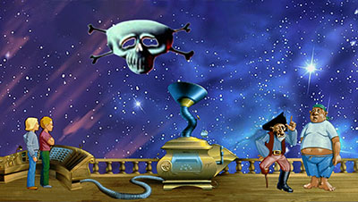 cartoon characters on a pirate ship in space