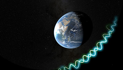 earth from space with audio waves floating around