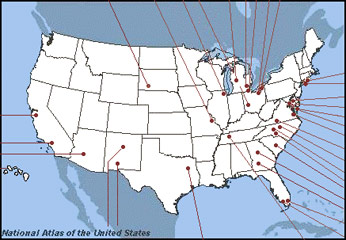 US map with red dots on 32 locations